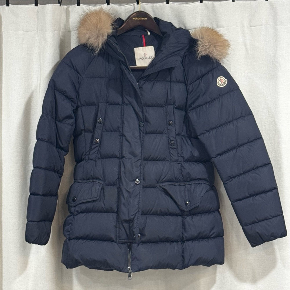 Moncler Women's Navy Gene Puffer Jacket with Fur Hood Trim